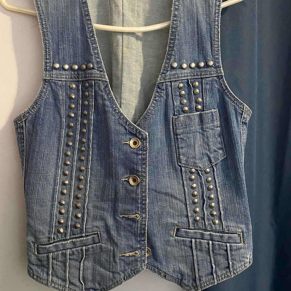 Blue Jean Jacket with Studded Detail and V-Neck